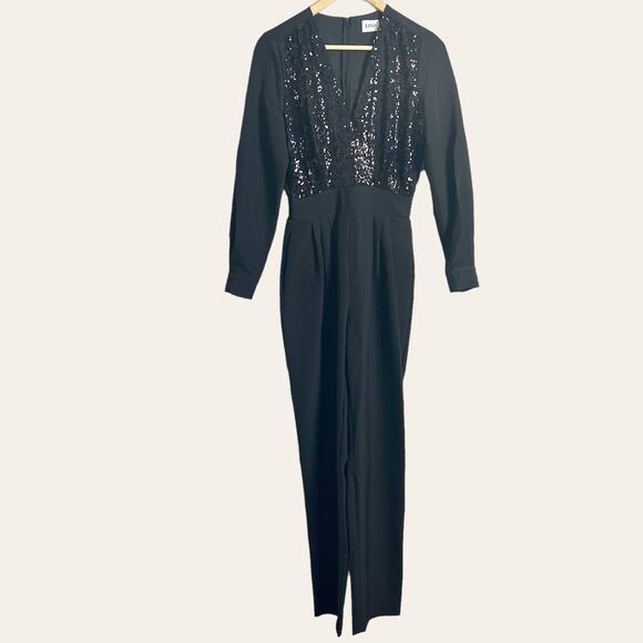 LINI NEW Black Stella Sequin Faux Wrap Surplice Jumpsuit Size XS - Picture 2 of 12